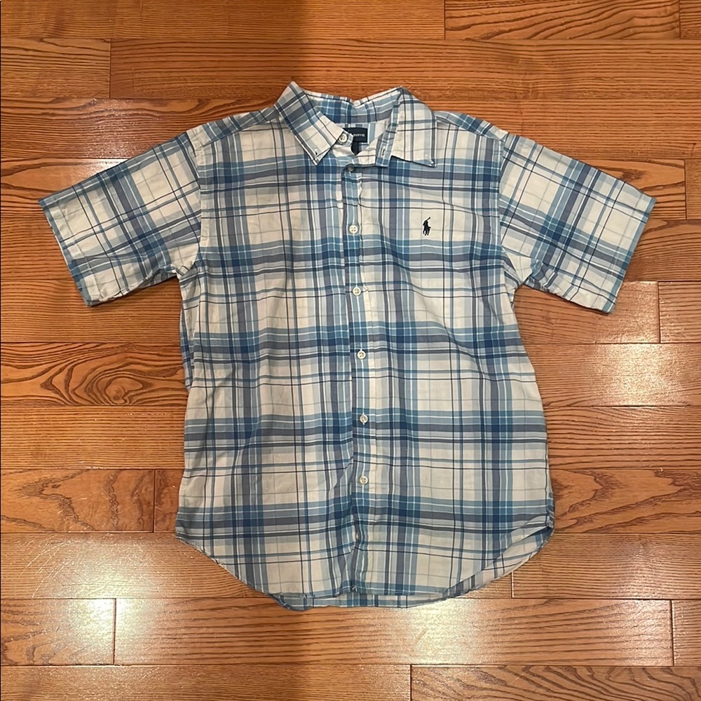 Ralph Lauren Boys Blue and White Plaid Short Sleeve Shit, 14-16